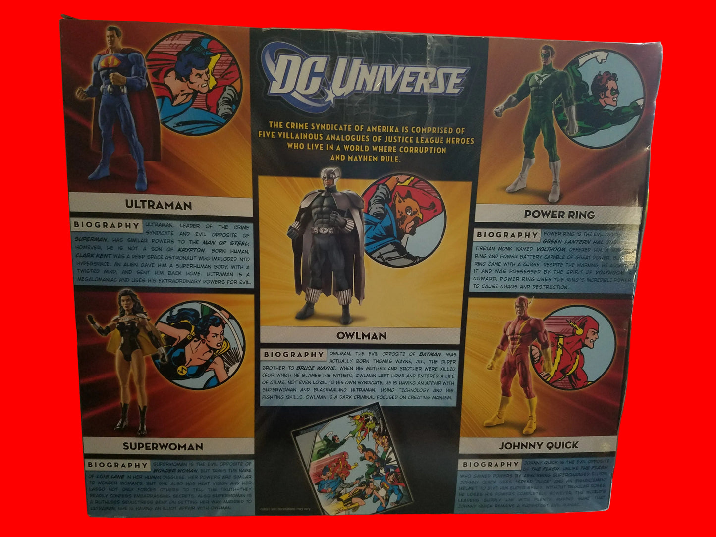 A vintage DC Universe comic book box or booklet cover shown upright indoors. The front features illustrated superhero characters including Ultraman, Power Ring, Superwoman, and Johnny Quick, with the DC Universe logo at the top and biography panels below.